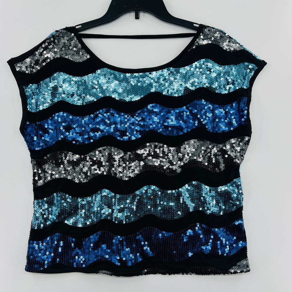 Forever 21 Womens Blue Silver Sequin Wave Striped‎ Top S Glam Y2K Night Out